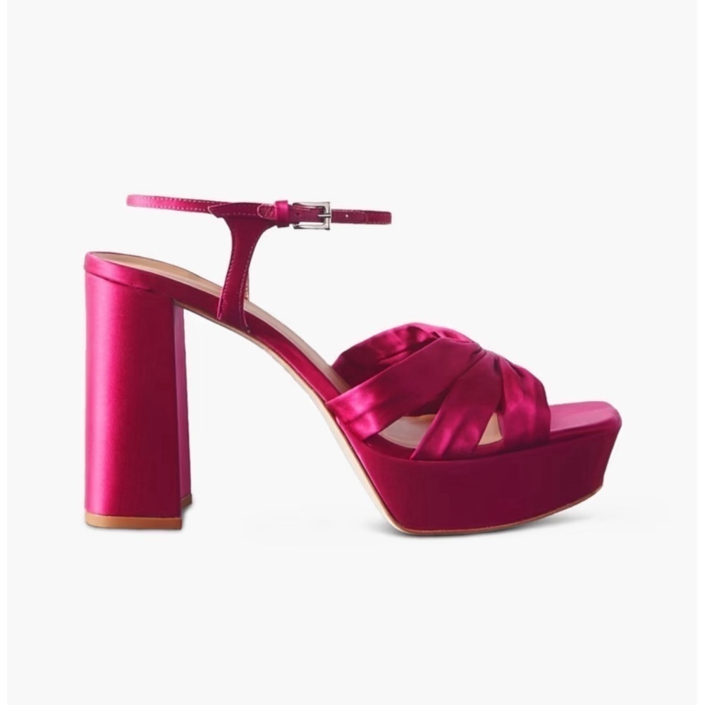 Reformation Fuchsia Satin Platform Ankle-Strap Heels